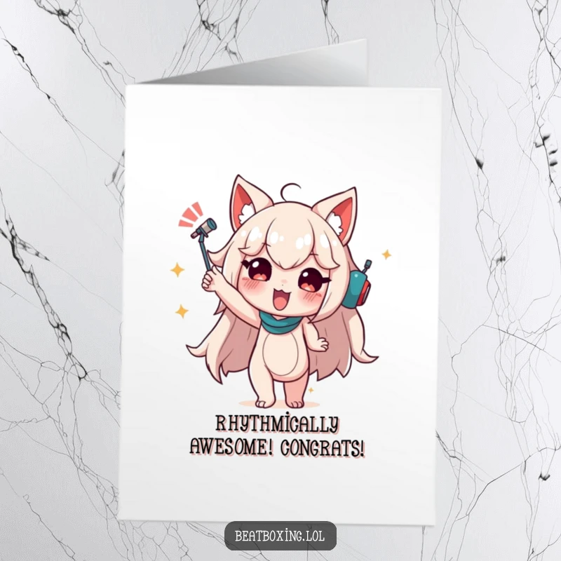 Funny free printable congratulations card of a character in a dynamic pose conveying audible rhythm, celebrating a win.