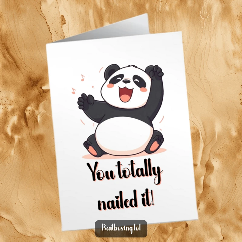Funny Free Printable Congrats Card: Joyful panda joyfully slapping its belly, celebrating good news with a boom.