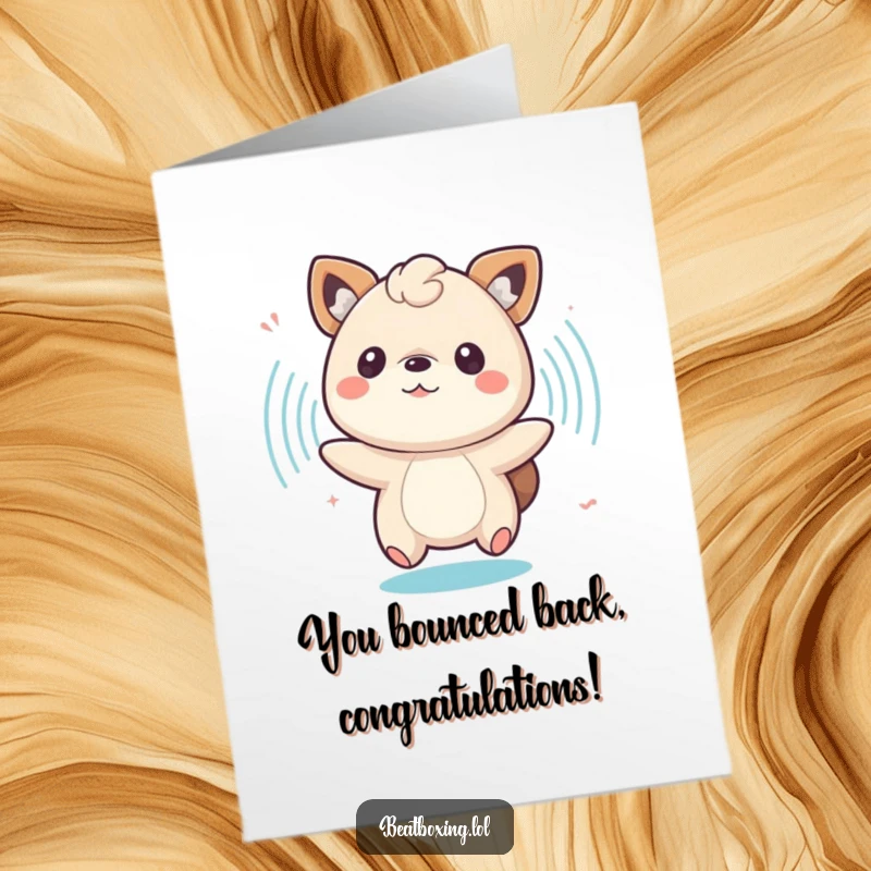 Funny Free Printable Congratulations Card with a bouncing animal amidst pulsing sound waves, celebrating success with energy.
