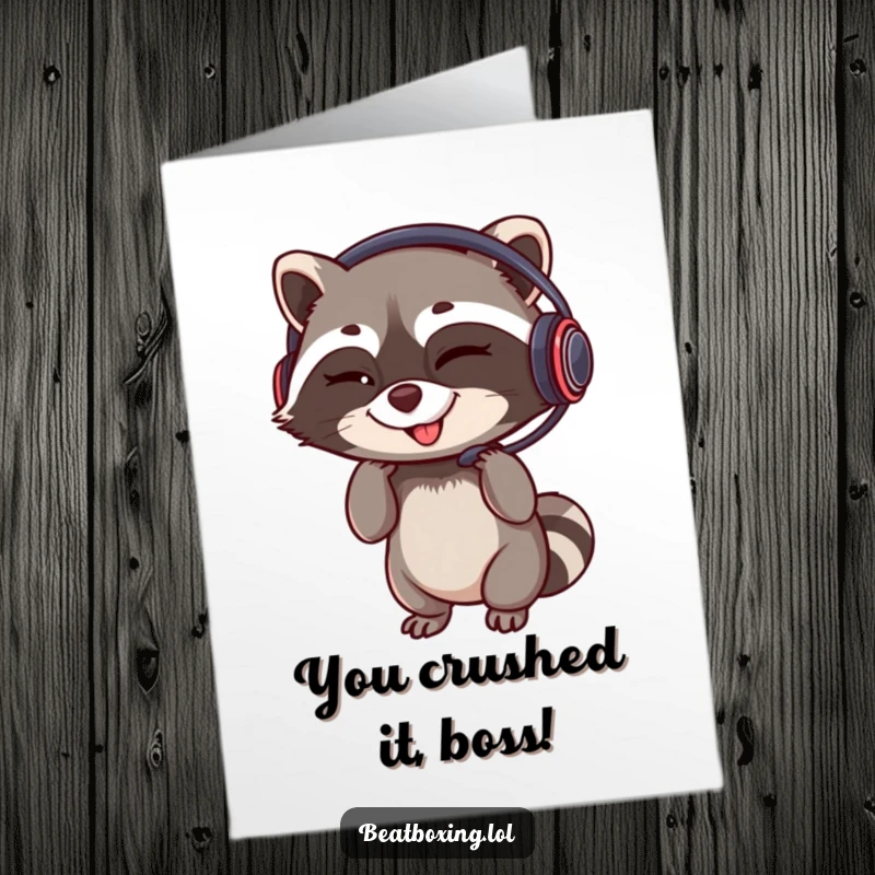 Funny Free Printable Congrats Card: A winking raccoon adjusting its headset with a confident, rhythmic grin, celebrating success.