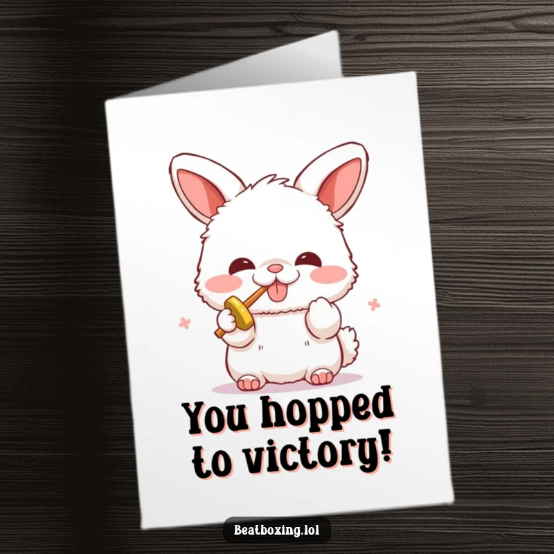 Funny Free Printable Congratulations Card: An excited fluffy bunny performs energetic beatboxing sounds, celebrating an achievement.