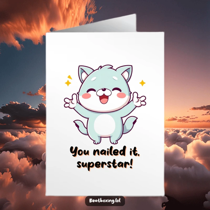 Free Printable Congratulations Card, a kawaii animal making energetic gestures and celebrating an achievement, perfect for festive greetings.