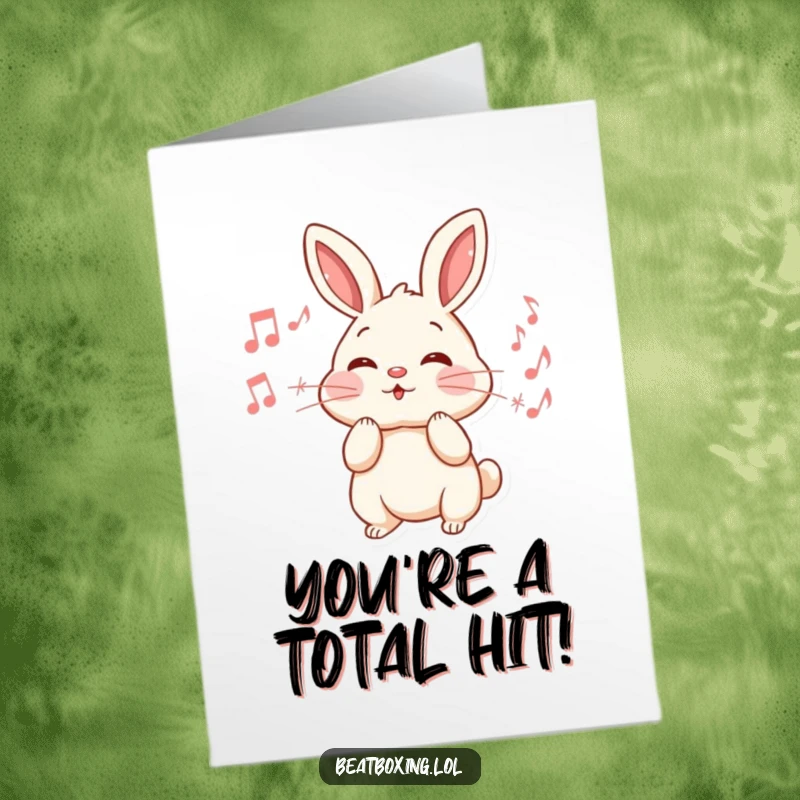 Funny Free Printable Congrats Card: An excited rabbit blowing cheerful musical notes to celebrate an achievement.