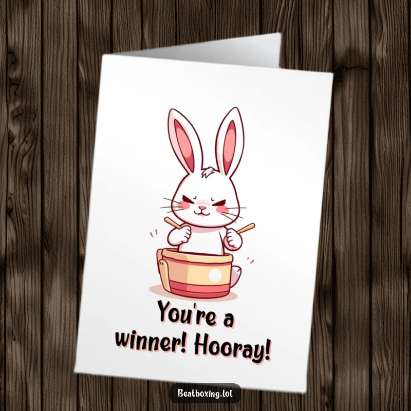Funny Free Printable Rabbit Congratulations Card: A determined rabbit drumming paws rapidly, cheering for victory. Downloadable art for achievers.