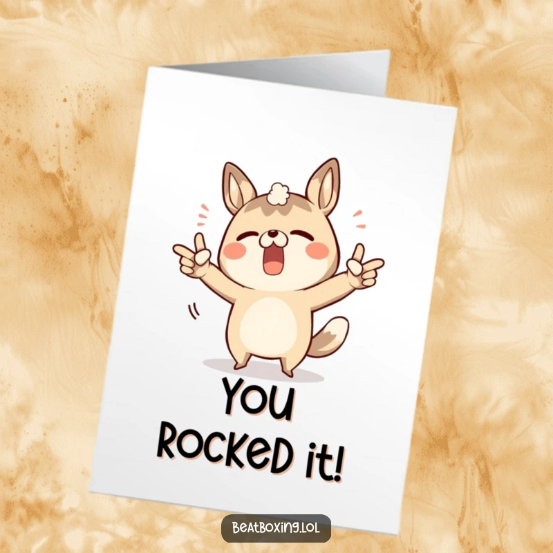 Funny Free Printable Congratulations Card with a determined animal character pointing to body parts to make loud, celebratory sounds.