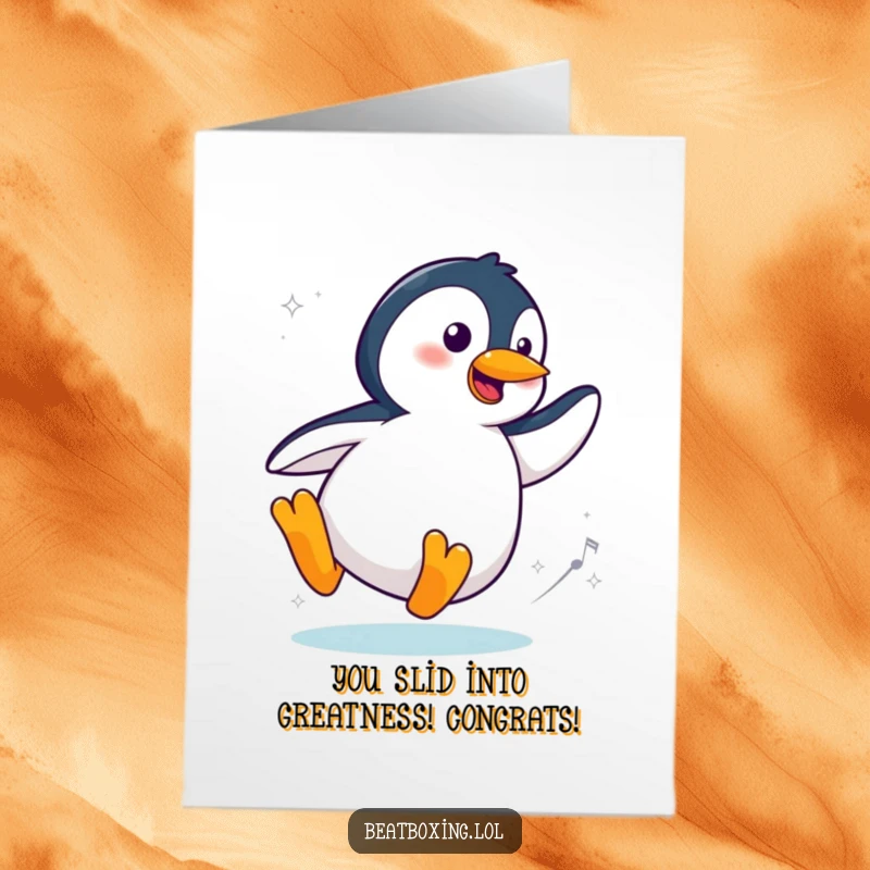 Funny Free Printable Penguin Congratulations Card: A cool penguin spinning with flair, celebrating success. Downloadable art for winners.