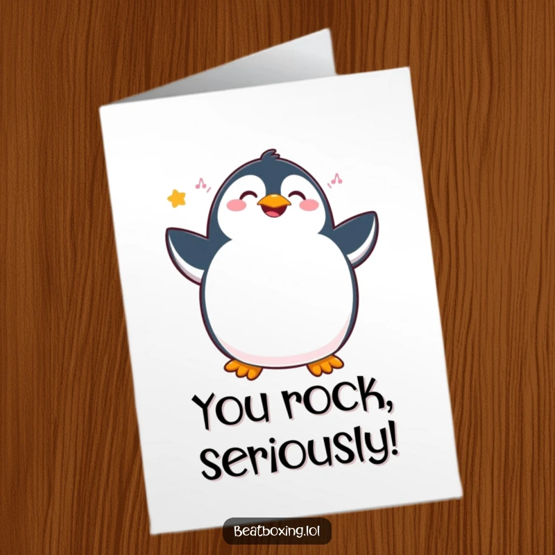 Funny free printable thank you card with a happy penguin doing a soulful dance and vibrating with joy.