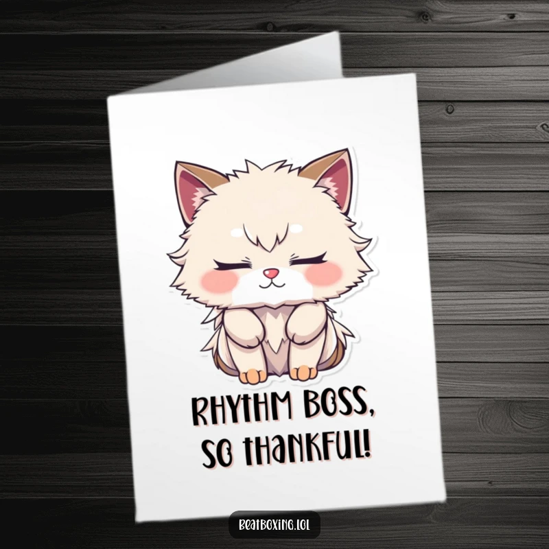 Funny Free Printable Thank You Card: Furry character with closed eyes, deeply focused on creating a complex rhythm to express thanks.