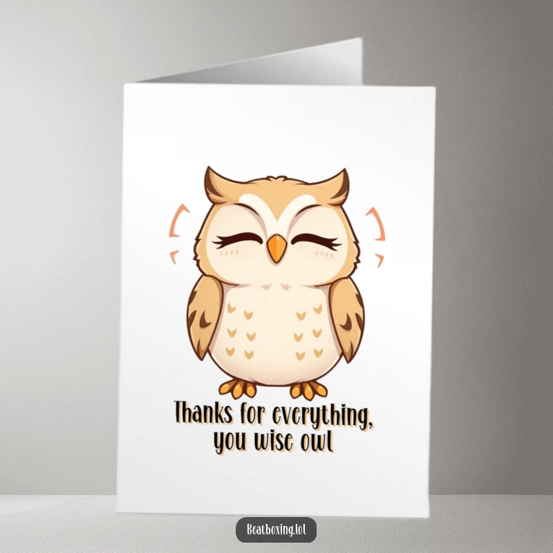 Funny Free Printable Thank You Card: A delighted owl character humming with eyes closed, radiating sound ripples of appreciation.