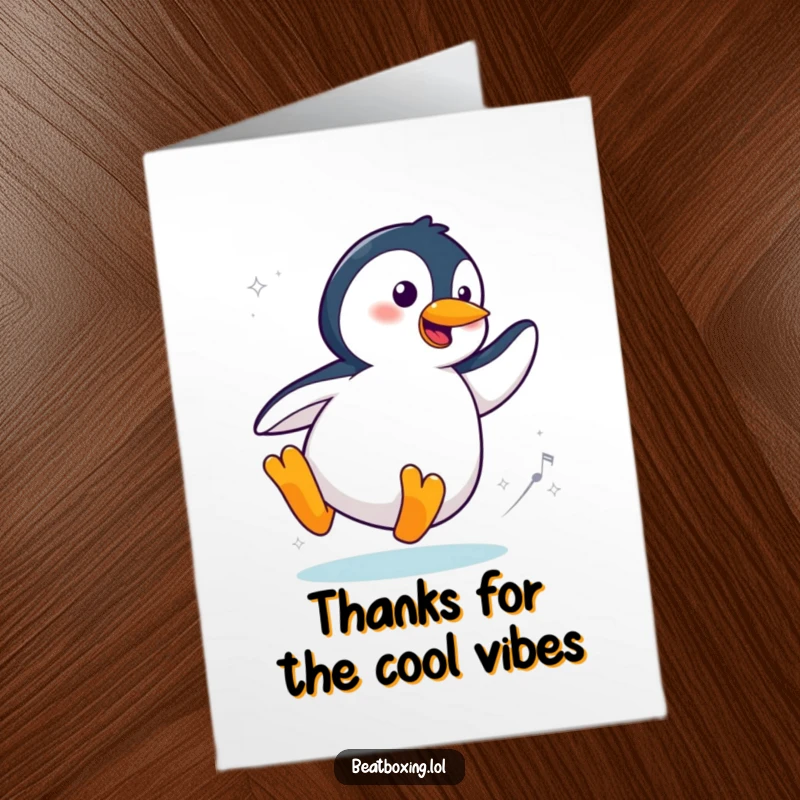 Funny Free Printable Penguin Thank You Card: A cool penguin sliding with flair, sending thanks. Downloadable art for kindness.