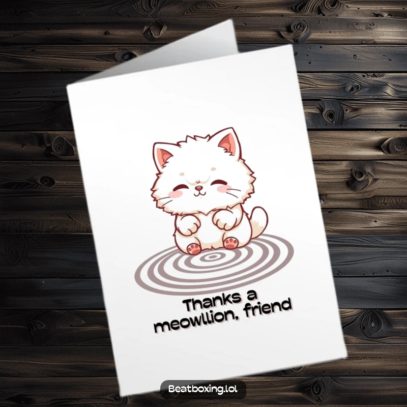 Funny Free Printable Thank You Card: A fluffy cat character creating rhythmic paw patterns, offering a cute and humorous way to express thanks.