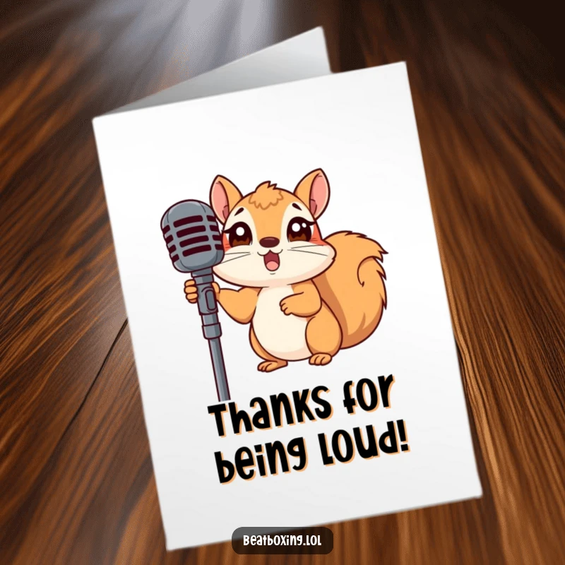 Funny Free Printable Thank You Card: A squirrel adorably peeking from behind a microphone stand, surprised but ready to sing thank you.