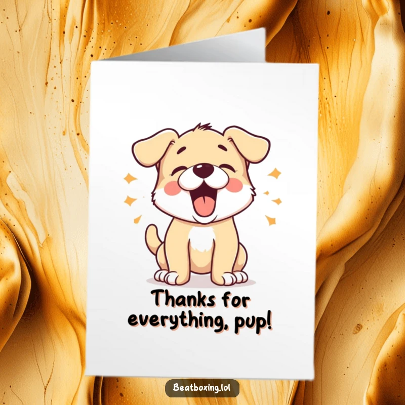 Funny Free Printable Puppy Thank You Card: An energetic puppy barking 'Woof!', conveying sincere gratitude. Downloadable art for kindness.