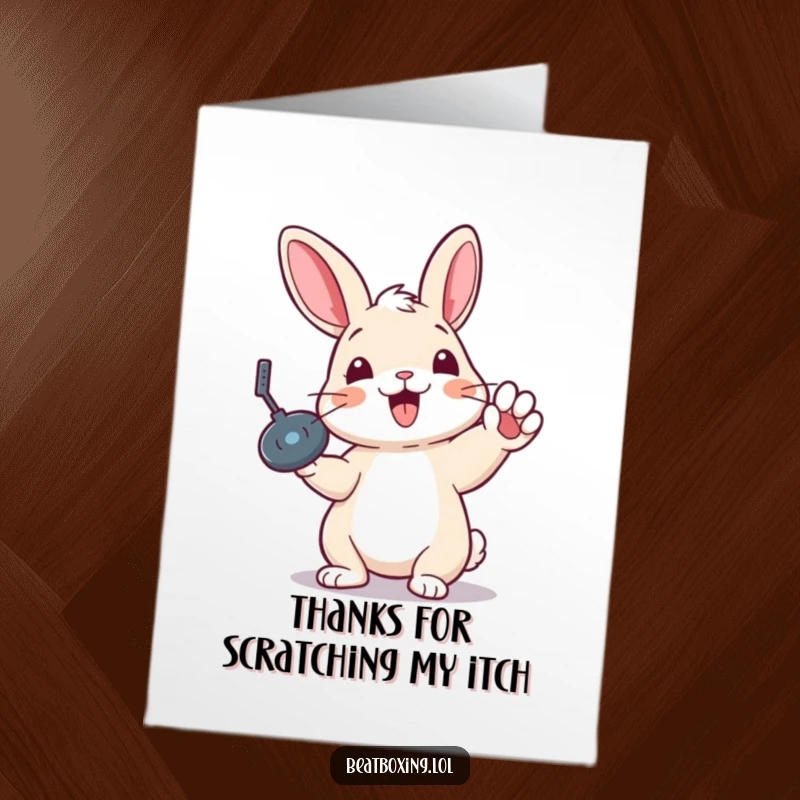 Funny Free Printable Thank You Card: A delighted rabbit stops the music with a record scratch, showing thanks.