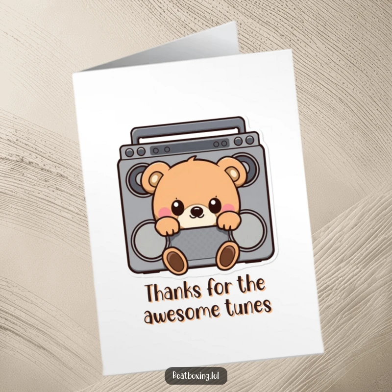 Funny Free Printable Thank You Card: A curious bear spies from behind a boombox, offering heartfelt thanks.