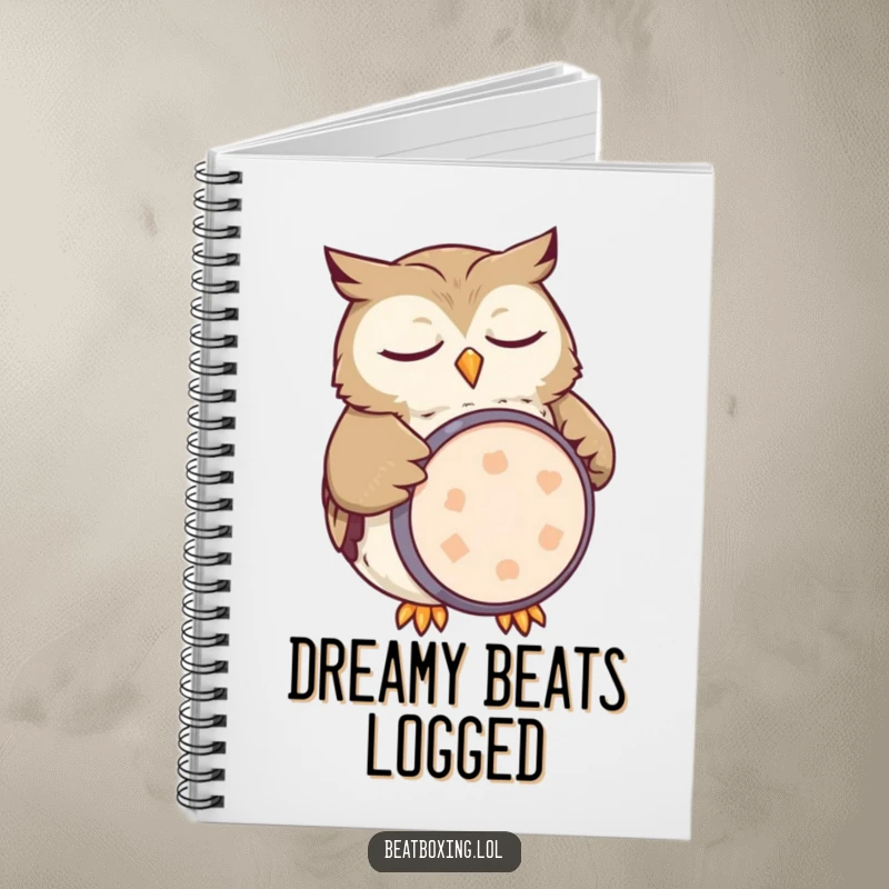 Funny owl notebook featuring a sleepy character mimicking a kick drum with its belly, perfect for jotting down mellow ideas.