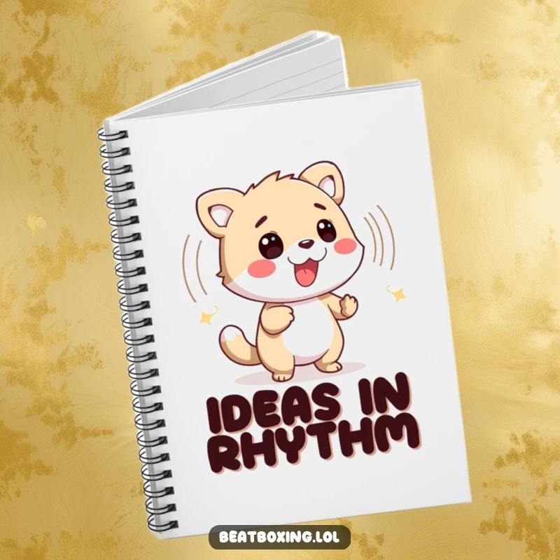 Funny notebook cover: a friendly animal character generates a percussive sound wave, inspiring creativity.