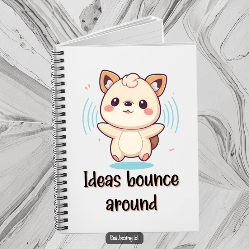 Funny notebook cover with a bouncing animal character surrounded by pulsing sound waves, inspiring energetic ideas.