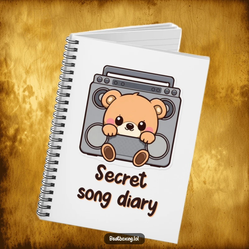 Funny notebook with a curious bear hiding behind a boombox, peeking out with an inquisitive look for note-taking.