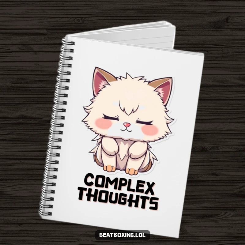 Funny notebook with a furry character, closed eyes, deeply focused on creating a complex rhythm, perfect for writing music or ideas.