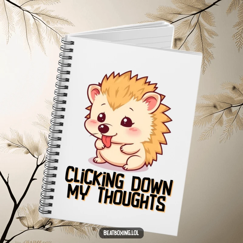 Funny Notebook with a small hedgehog making a rapid tongue clicking sound, designed for humorous note-taking.