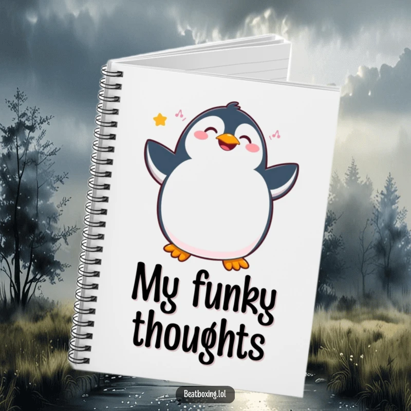 Funny penguin notebook featuring a joyous character vibrating with internal rhythm and hip movements, perfect for jotting down funny ideas.