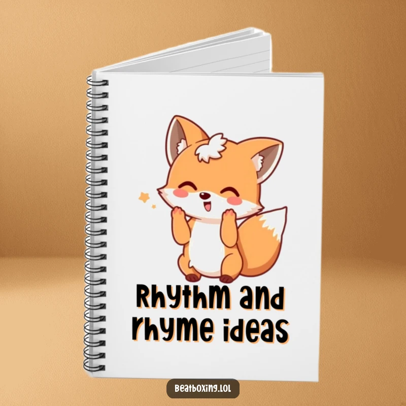 Funny notebook cover with a playful fox wagging its tail and making beat motions, ideal for jotting down musical ideas.