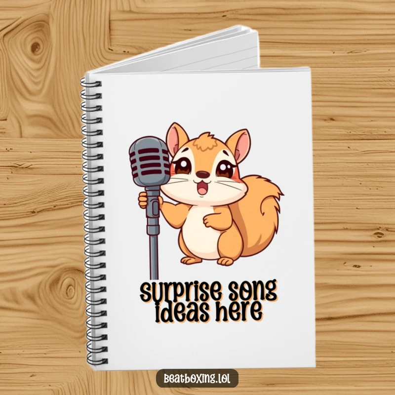 Funny notebook cover with a surprised squirrel peeking from behind a microphone stand, ideal for capturing funny thoughts.