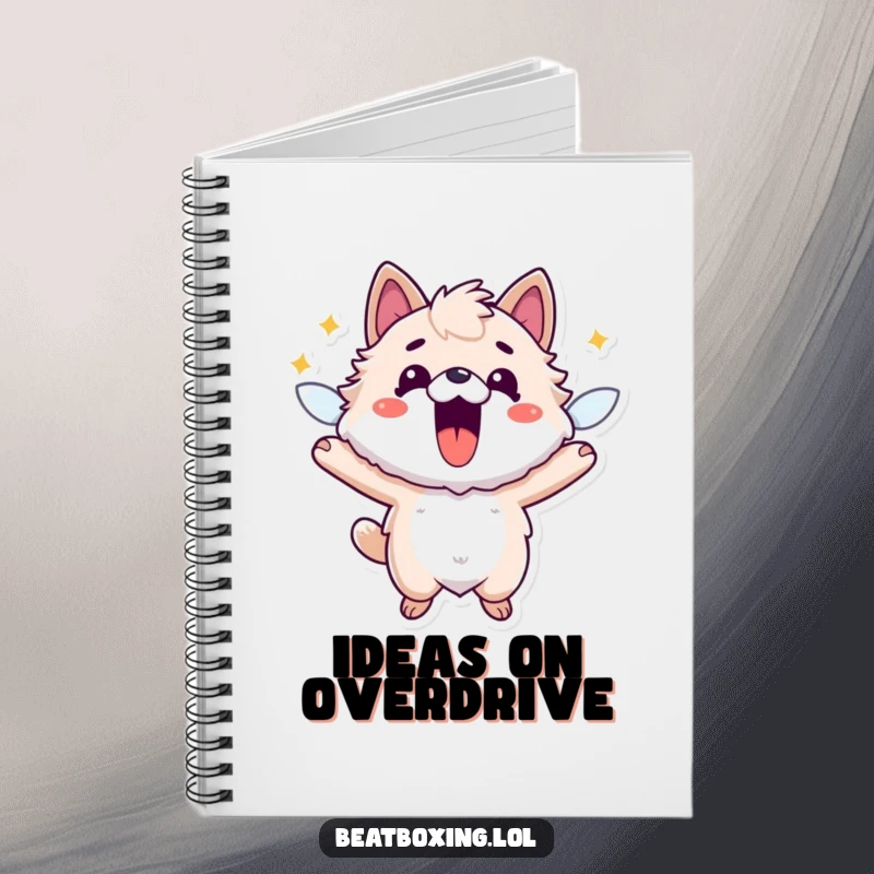 Funny notebook featuring a fuzzy animal character filled with buzzing energy, mouth open in a lively, animated pose.