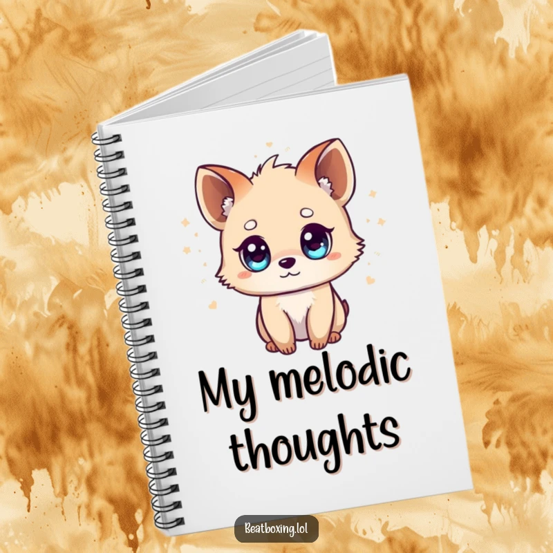 Funny Tiny Animal Notebook: A small animal with vivid eyes, surrounded by visual representations of music beats, ideal for note-taking.