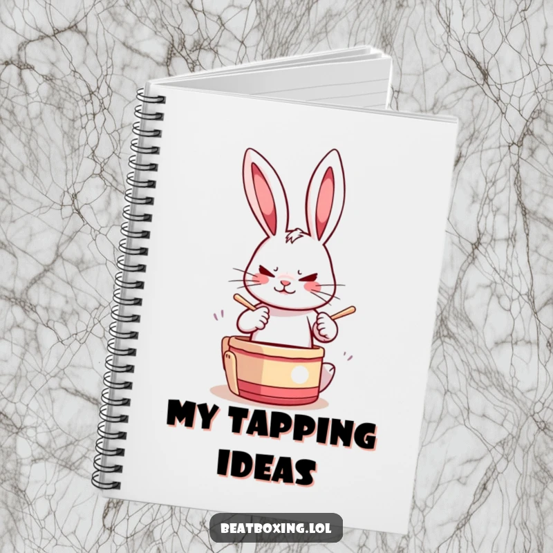 Funny Drumming Rabbit Notebook showing a determined rabbit drumming paws rapidly, perfect for journaling, notes, and creative musical ideas.