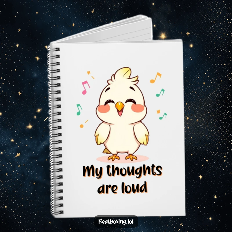 Funny notebook adorned with a giggling parrot character mimicking sounds, its clicks and pops visualized, ideal for capturing ideas.