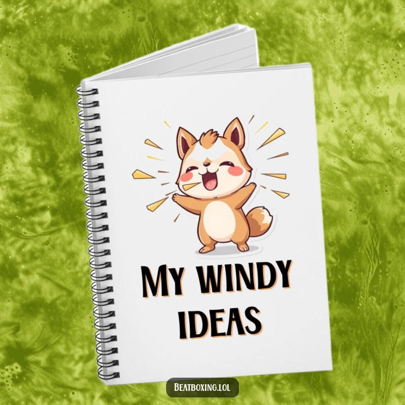 Funny notebook cover with an animal character blowing air outwards rhythmically, inspiring energetic writing.