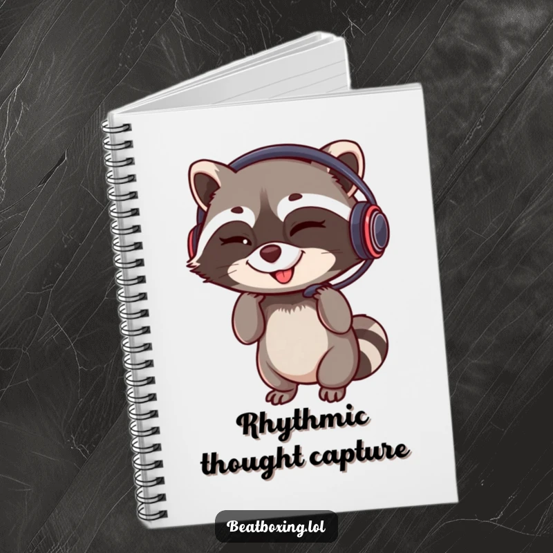 Funny notebook cover with a winking raccoon adjusting a headset and a rhythmic grin, ideal for jotting down strategies.