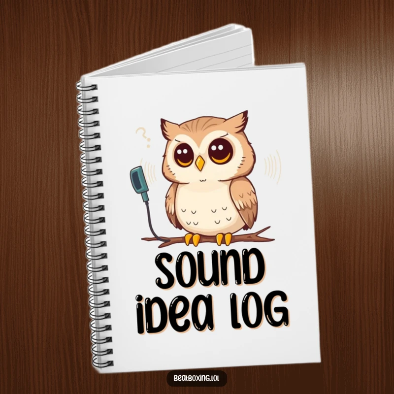Funny notebook with a thoughtful owl listening to a synthesized sound wave, perfect for capturing deep thoughts.