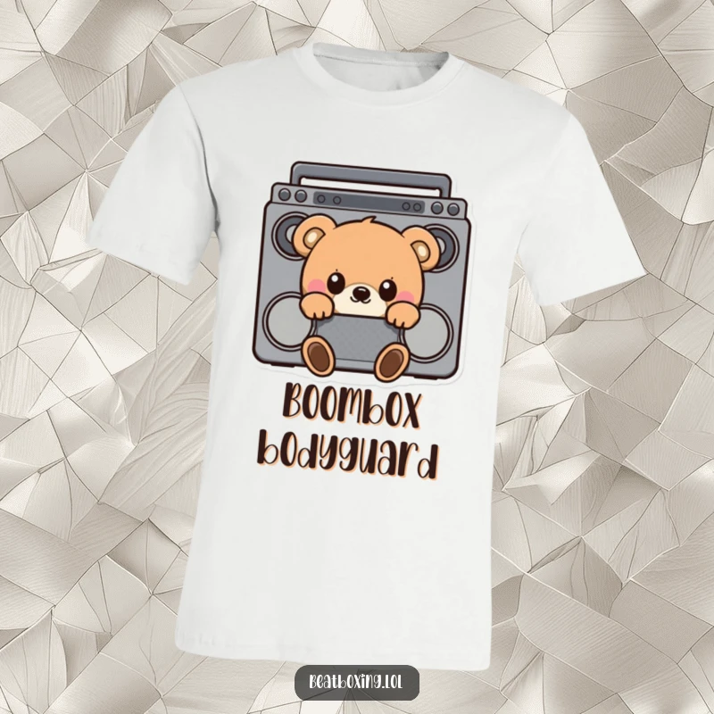Funny t-shirt featuring a curious bear peeking from behind a vintage boombox, wide-eyed and ready to party.
