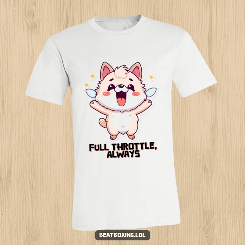 Funny t-shirt with a fuzzy animal character radiating pure, buzzing energy, mouth agape in a comical display of excitement.