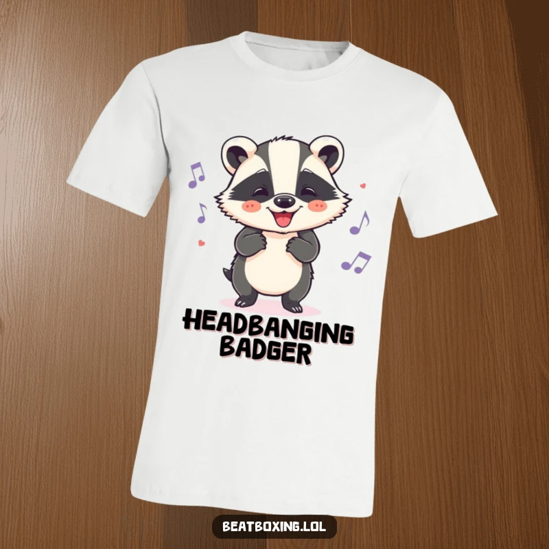 Funny badger t-shirt depicting a cheerful character grooving to a beat with head nods, a happy and rhythmic creature.