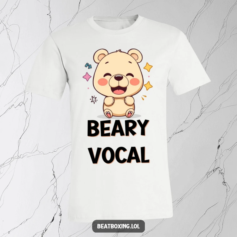 Funny Bear Vocalist T-Shirt: A curious bear is shown with various mouth shapes, indicating sound experimentation.