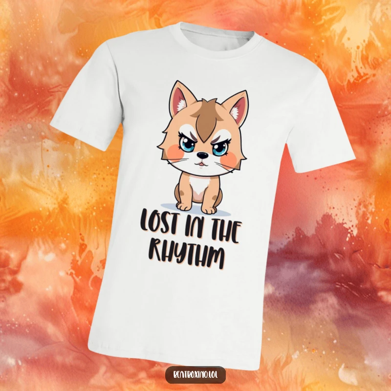 Funny t-shirt of an animal character with intense focus, locked onto a beat, embodying musical dedication.