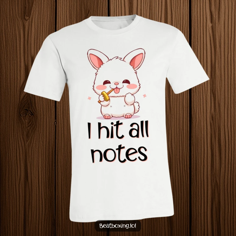 Funny t-shirt featuring a fluffy bunny enthusiastically beatboxing. Great for music lovers and fans of quirky humor.