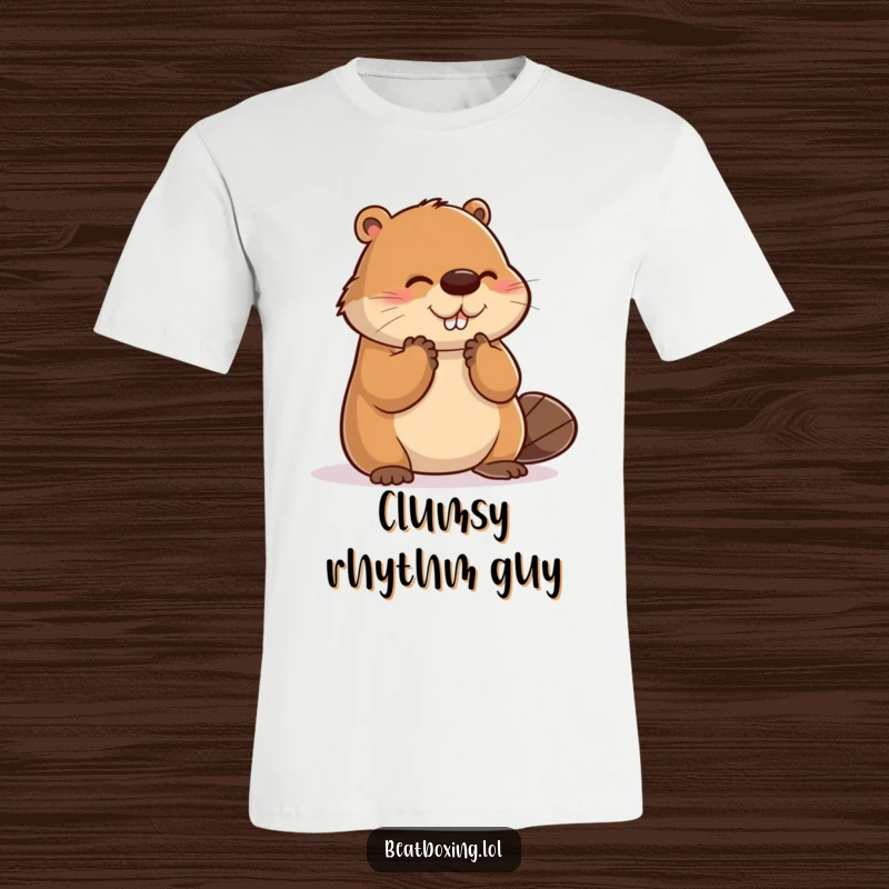 Funny t-shirt depicting a clumsy beaver attempting a clap, humorously failing to hit the mark.