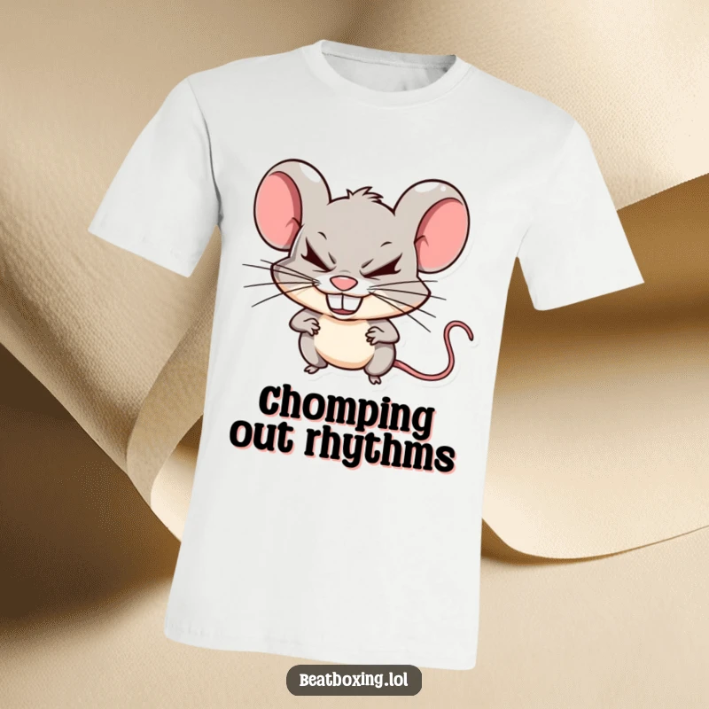 Funny mischievous mouse t-shirt featuring a mouse clicking its teeth rapidly to create sharp beats, a humorous apparel gift.
