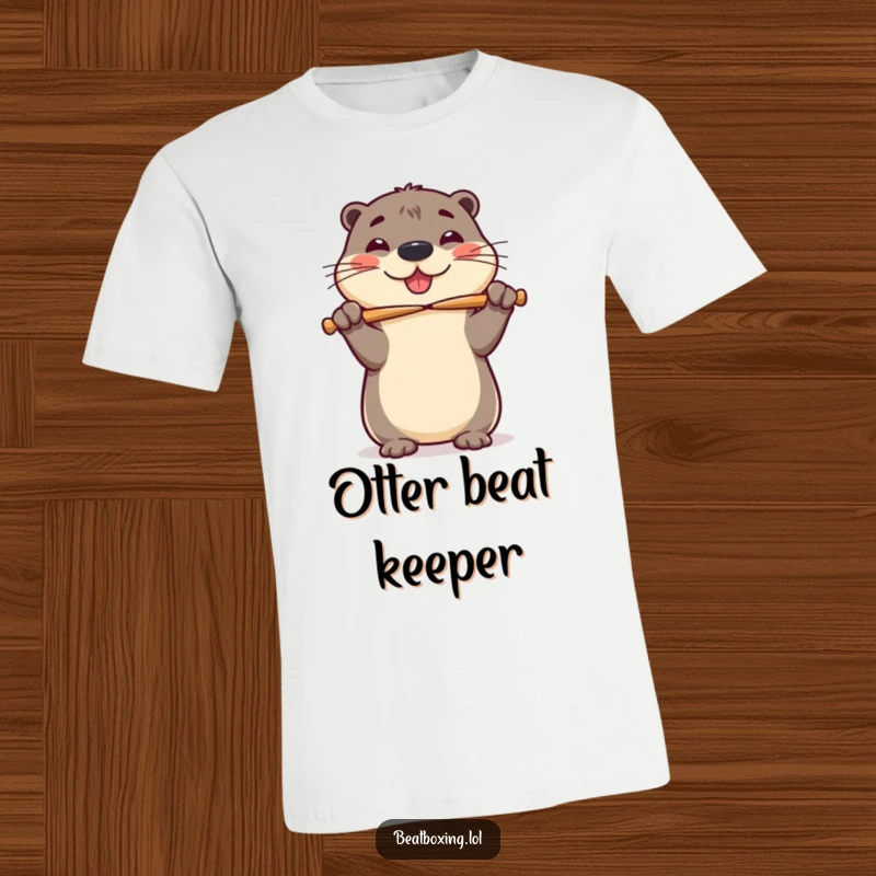 Funny t-shirt depicting a cheerful otter joyfully balancing drumsticks on its nose with a wobbly, delightful expression.