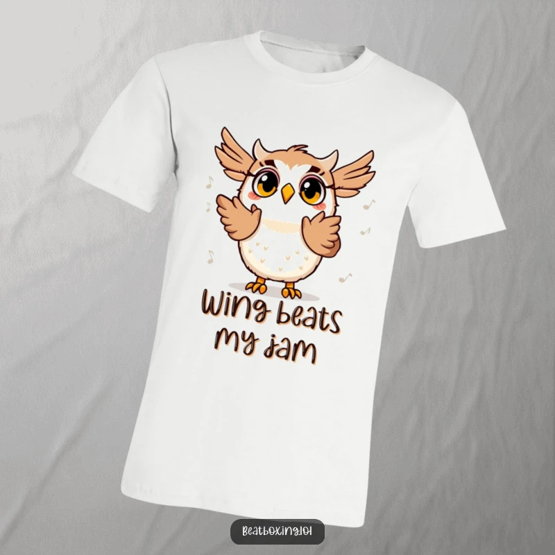 Funny t-shirt depicting a surprised owl character clapping its wings enthusiastically in rhythm to a beat, with wide, joyful eyes.