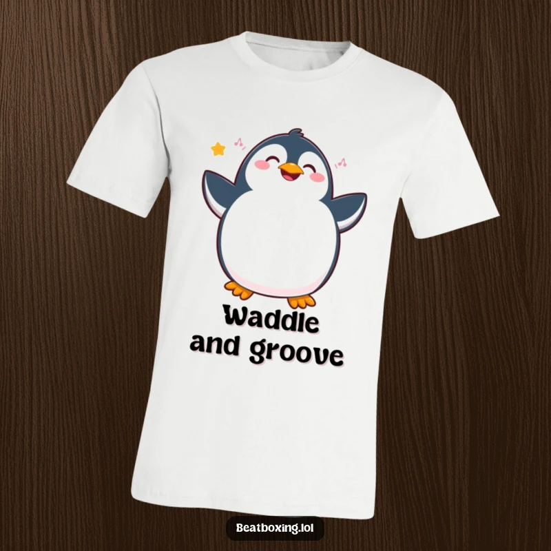 Funny penguin t-shirt depicting a joyous character vibrating with internal rhythm and hip movements, a hilarious dancer.