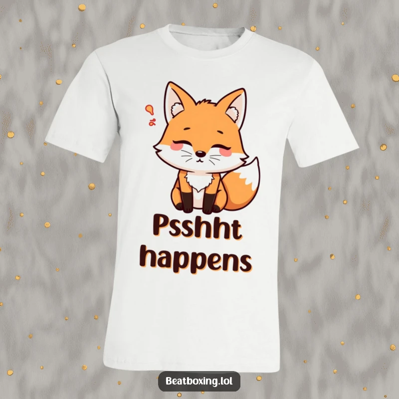 Funny Psshht Fox T-Shirt showing a concentrated fox blowing air with a psshht sound, ideal for casual wear and expressing funny personality.