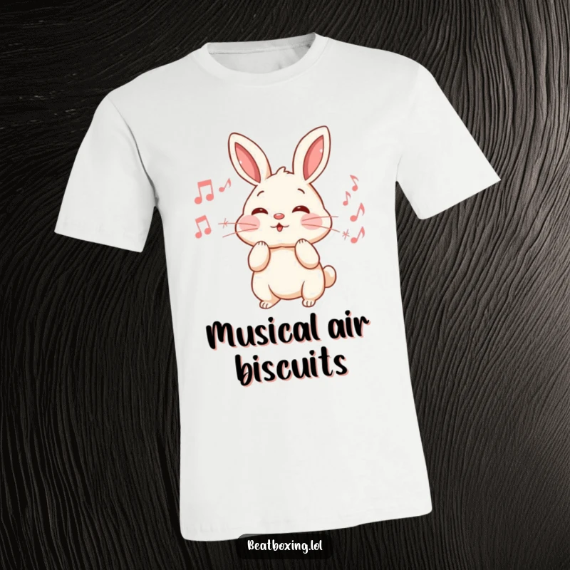 Funny Rabbit T-Shirt: An energetic rabbit puffs its cheeks, emitting a cheerful stream of musical notes, radiating playful music.