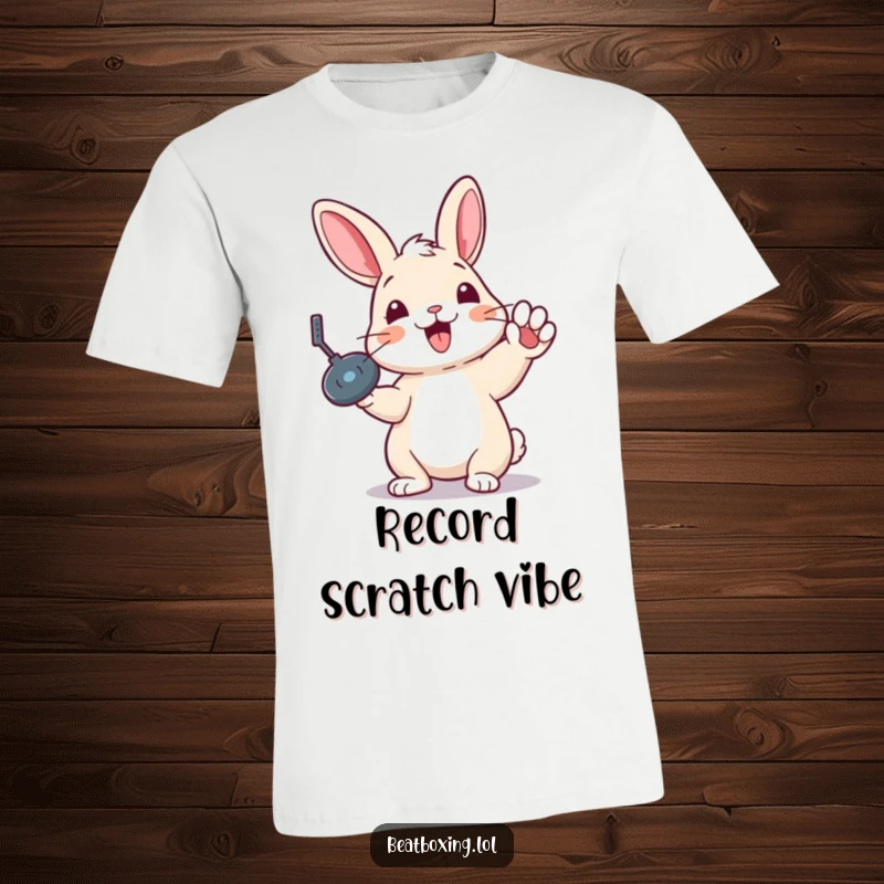 Funny t-shirt with a delighted rabbit executing a perfect record scratch gesture, celebrating music and beats.