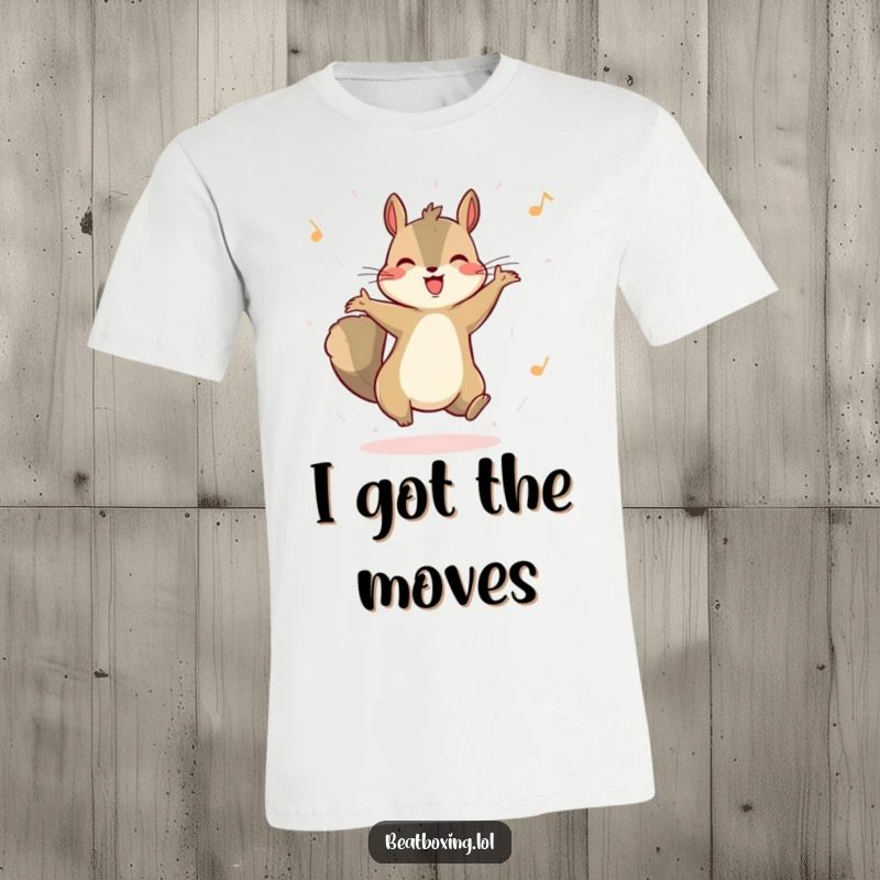 Funny t-shirt featuring a happy squirrel bouncing energetically to an unheard rhythm. Great for expressing joy and humor.